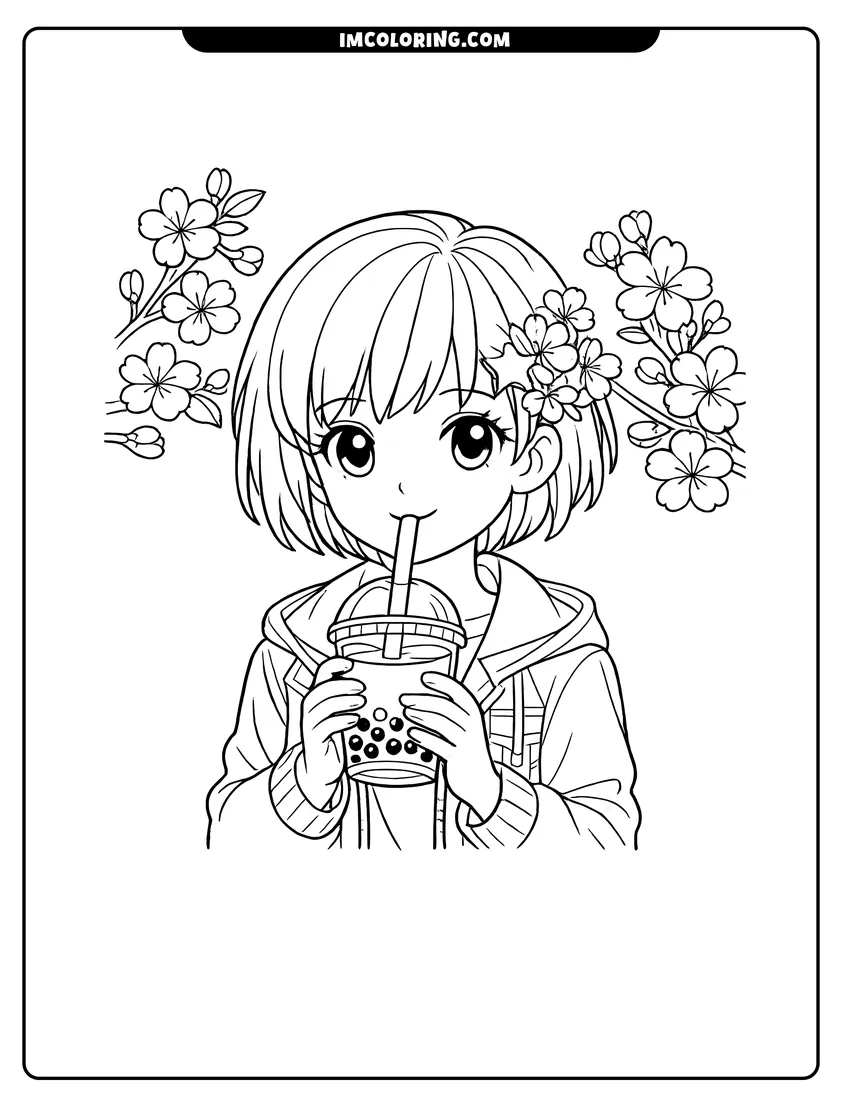 Kids activity sheet showing Girl with flowers in her hair drinking boba tea