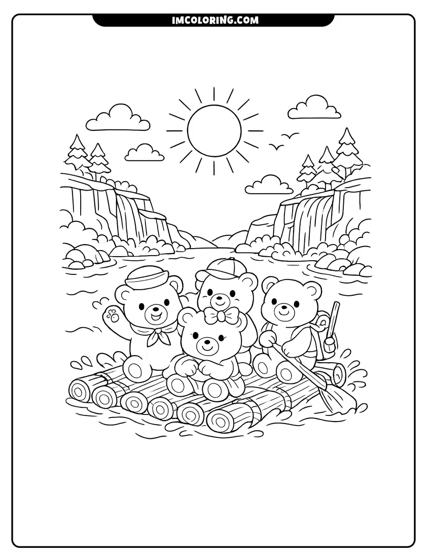 Simple sketch of Gummy bears on a wooden raft in a river for children