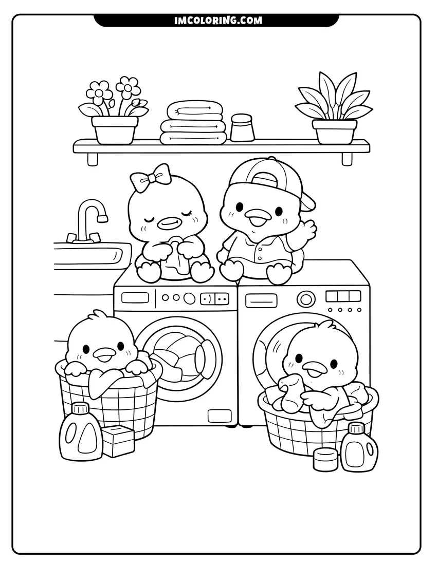 Printable Kawaii ducks playing on a washing machine and dryer coloring activity