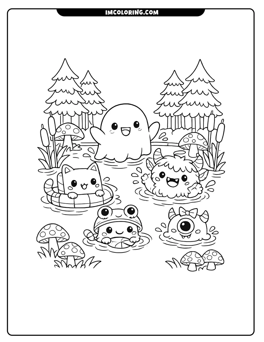 Kawaii style Kawaii monsters playing in a pond with mushrooms coloring picture