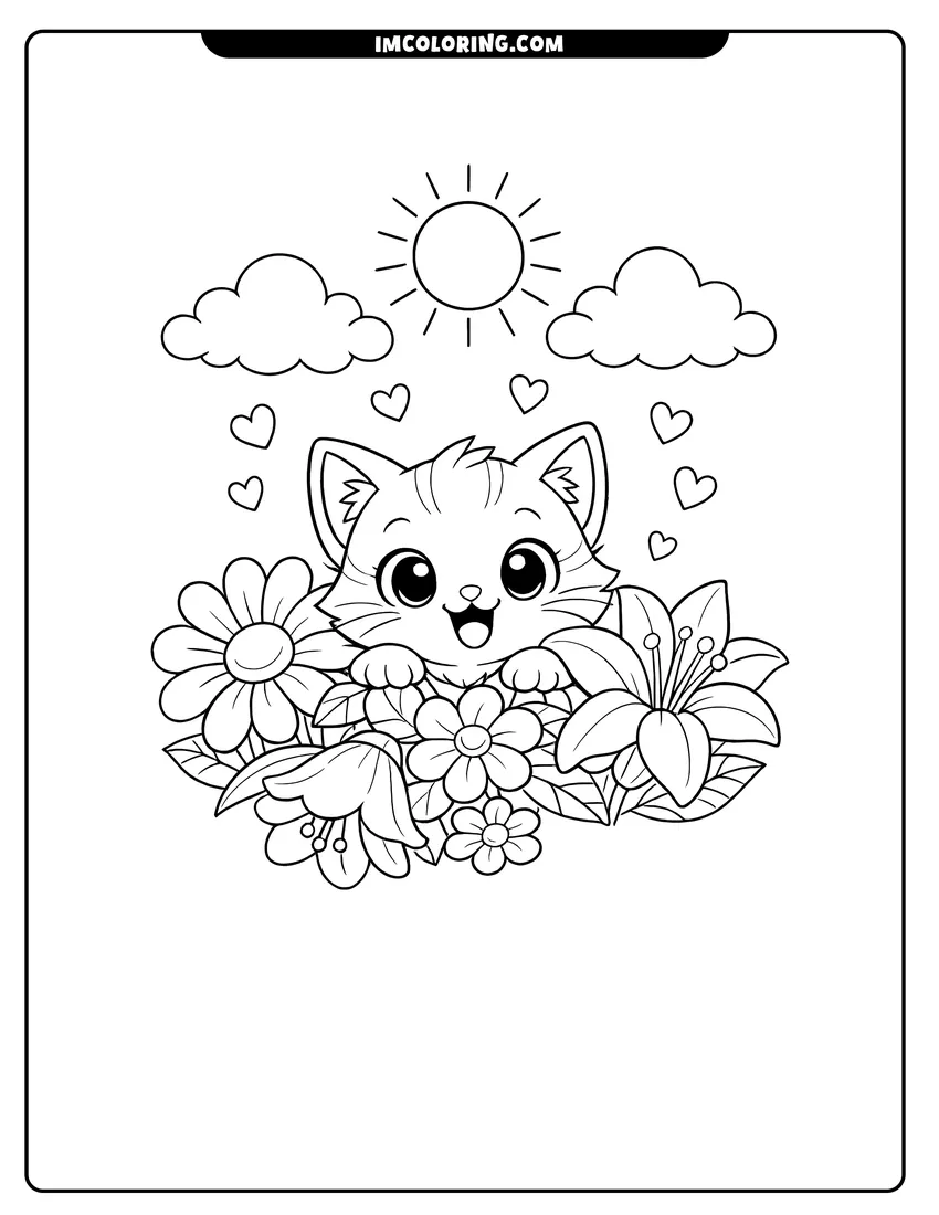 Kitten peeking from behind garden flowers under a sun coloring page for preschoolers