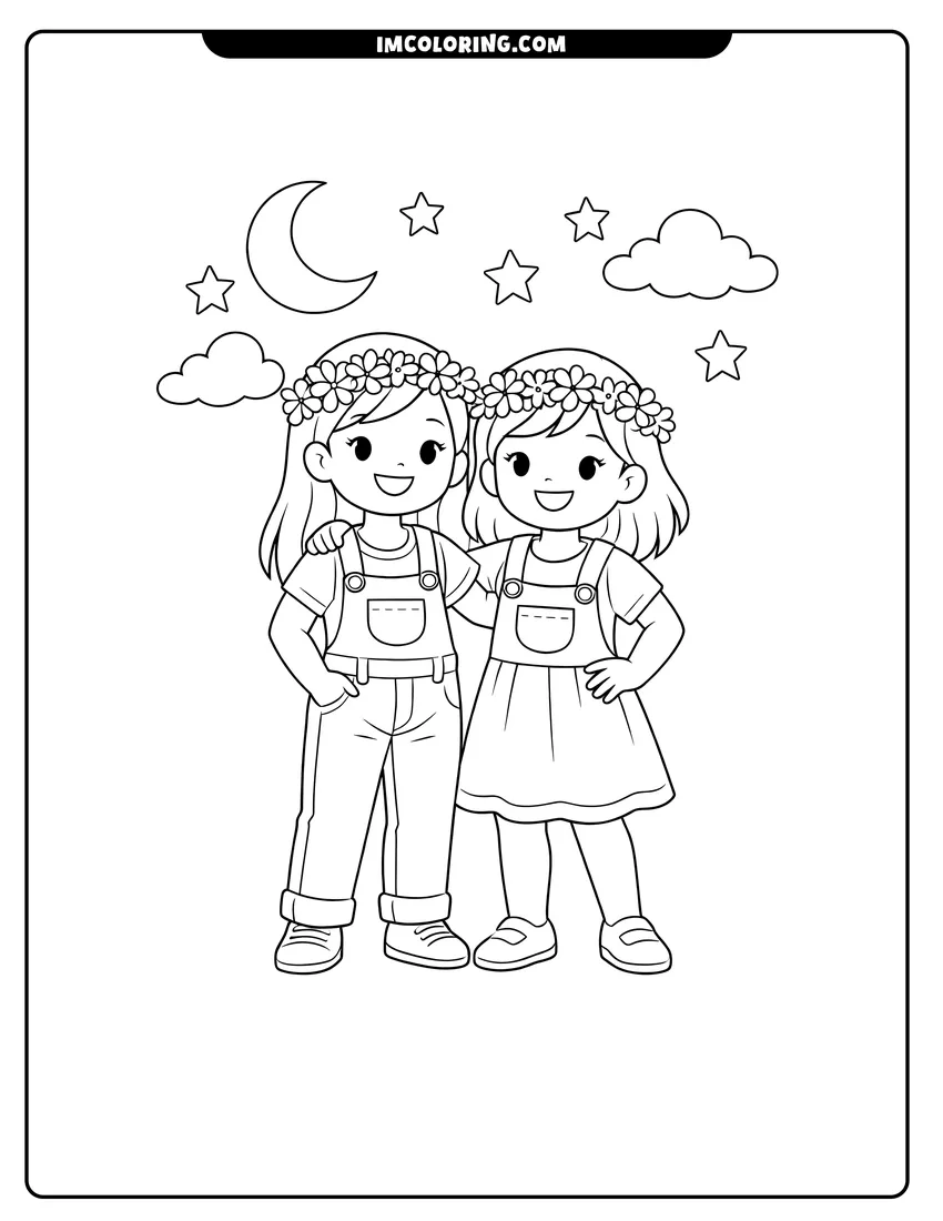 Black and white Two girls in overalls and flower crowns under a moon coloring sheet
