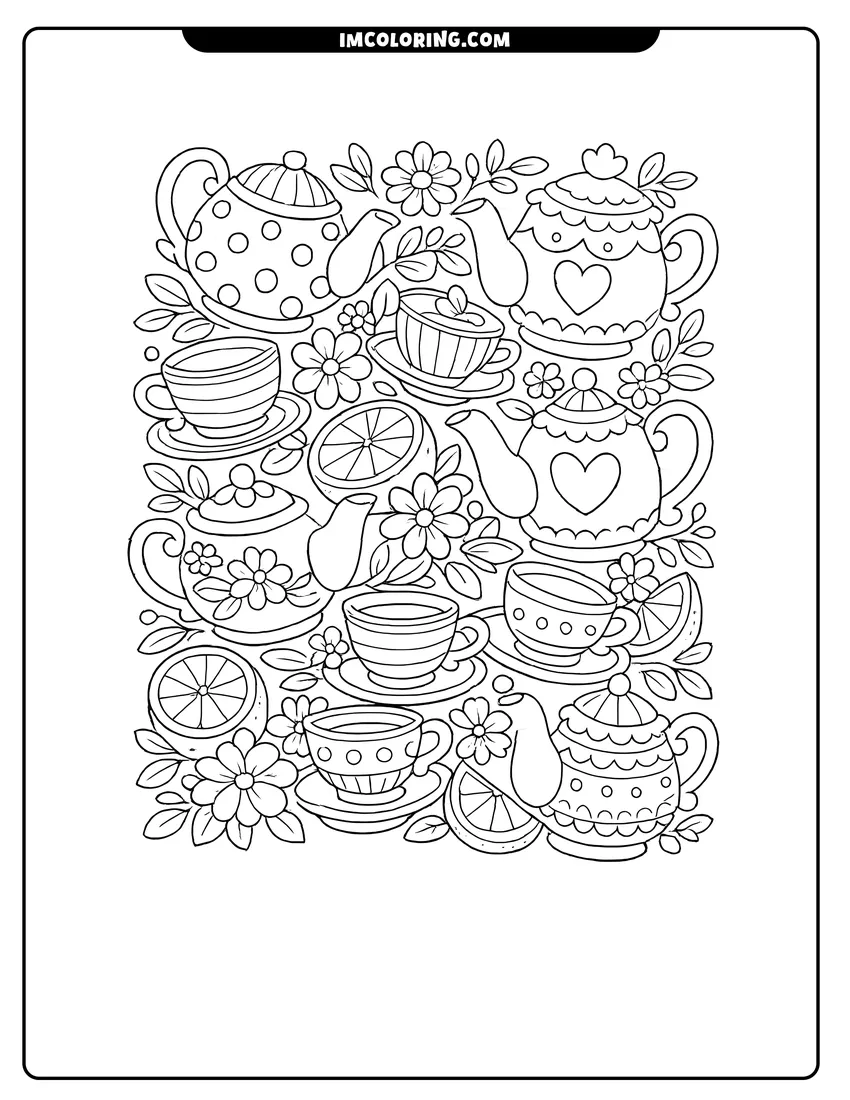 Printable coloring page featuring Patterned teacups, teapots, lemons, and blooming flowers