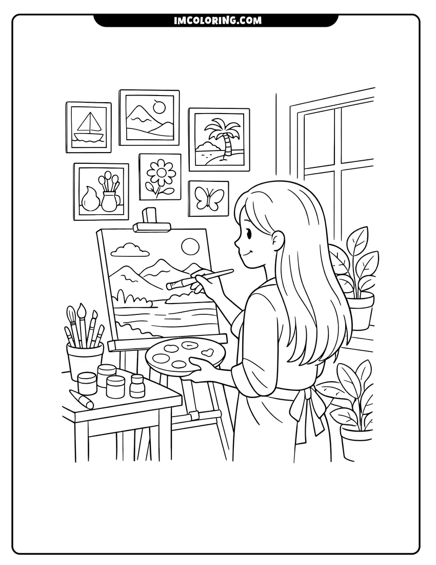 Detailed Woman painting on an easel in a sunlit studio design for coloring