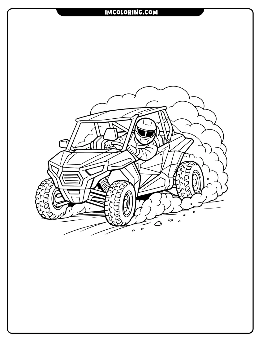Printable coloring page featuring UTV drifting on a sandy trail with dust