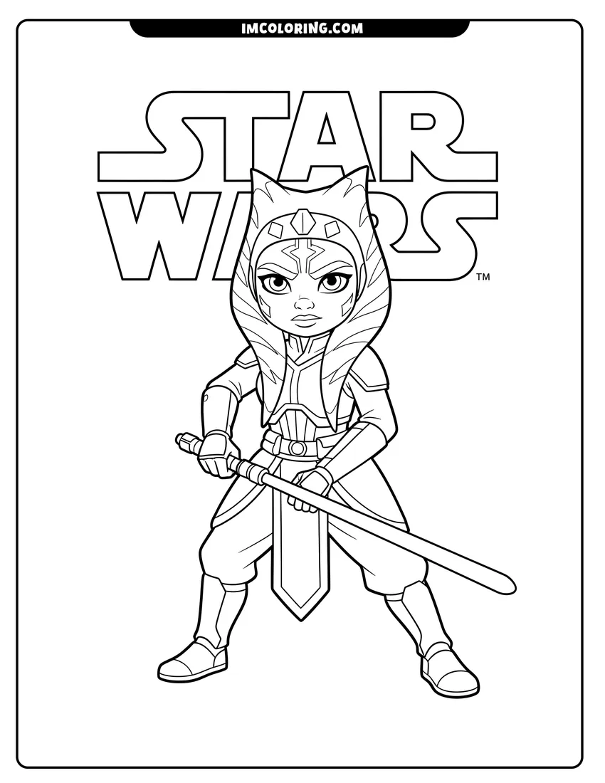 Simple line drawing of Ahsoka Tano standing in front of Star Wars logo
