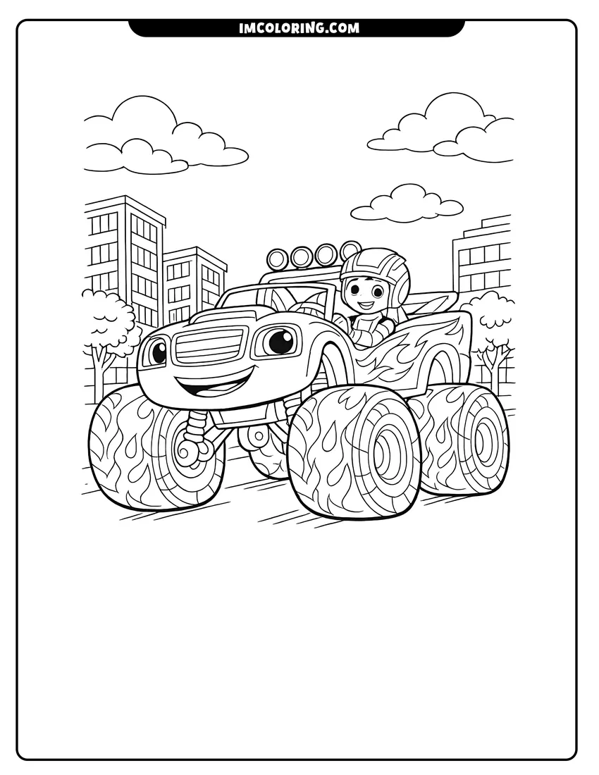 Detailed AJ driving Blaze the monster truck past city buildings design for coloring