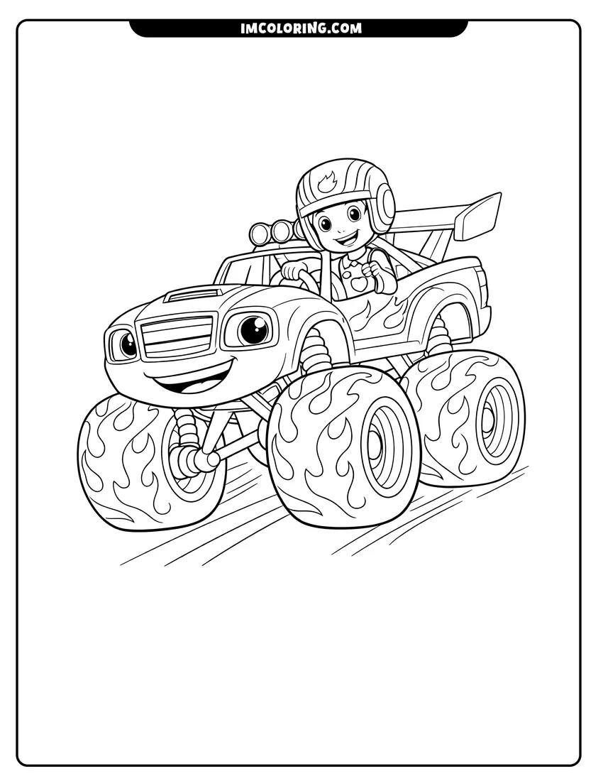 AJ driving Blaze the monster truck on a futuristic track coloring page for preschoolers