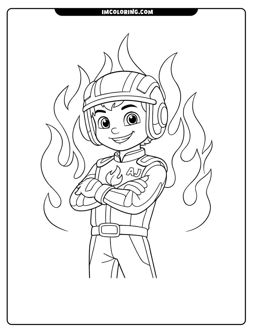 Black and white AJ the driver posing in his racing suit coloring sheet