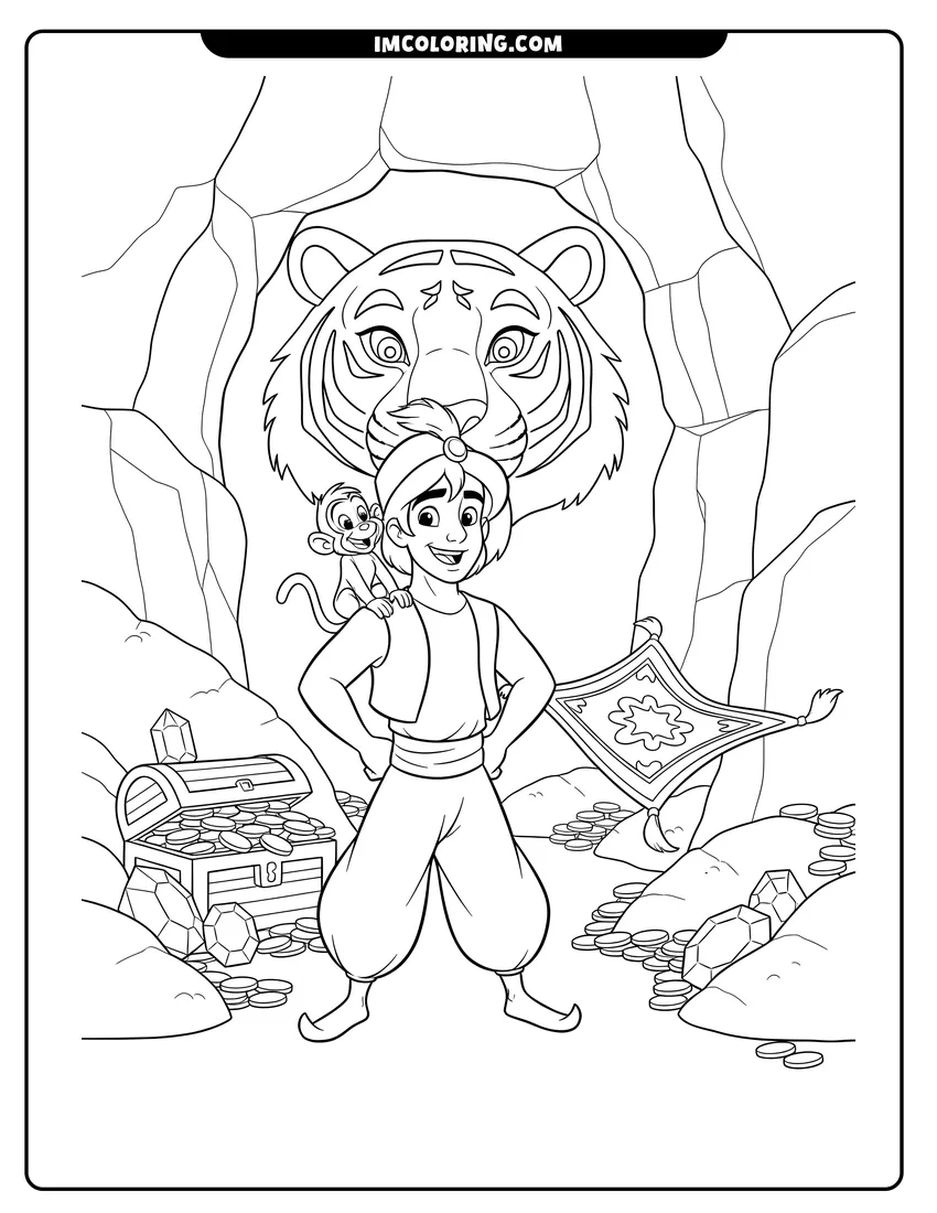 Aladdin and Abu standing near treasure and magic carpet drawing meant for coloring