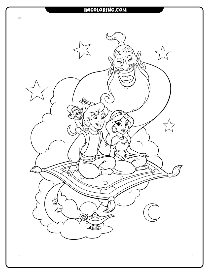Easy-to-color Aladdin Jasmine and Abu riding the magic carpet with Genie illustration