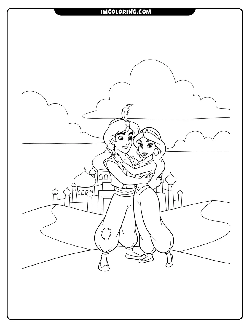 Aladdin and Jasmine embracing with the palace in background coloring page for preschoolers