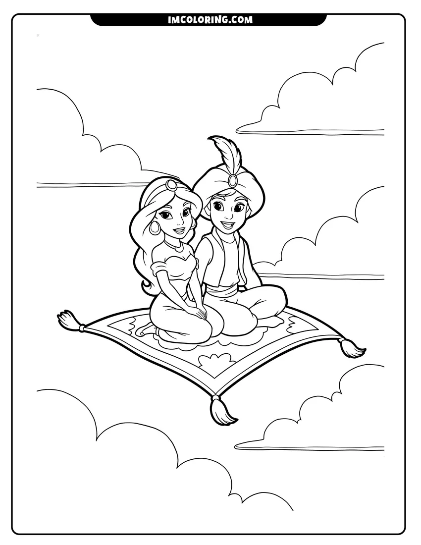 Cute Aladdin and Jasmine smiling on the magic carpet in clouds outline for coloring