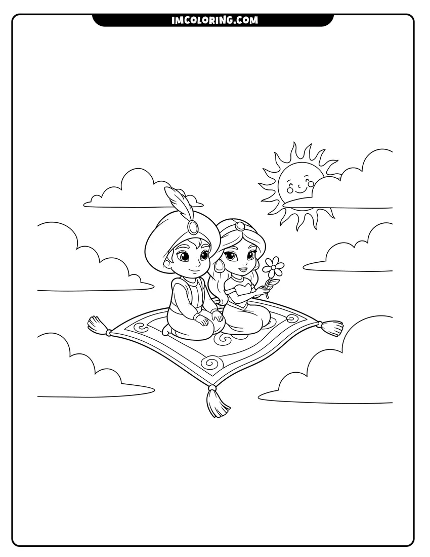Printable Aladdin and Jasmine on magic carpet with a large sun coloring activity
