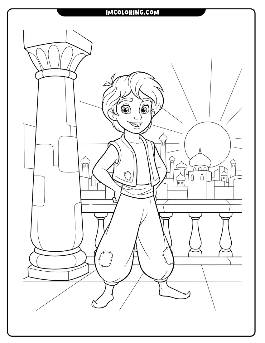 Printable coloring page featuring Aladdin in vest and baggy pants on a balcony