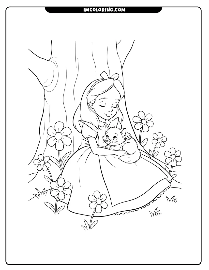 Printable outline of Alice sleeping under a tree with her kitten Dinah