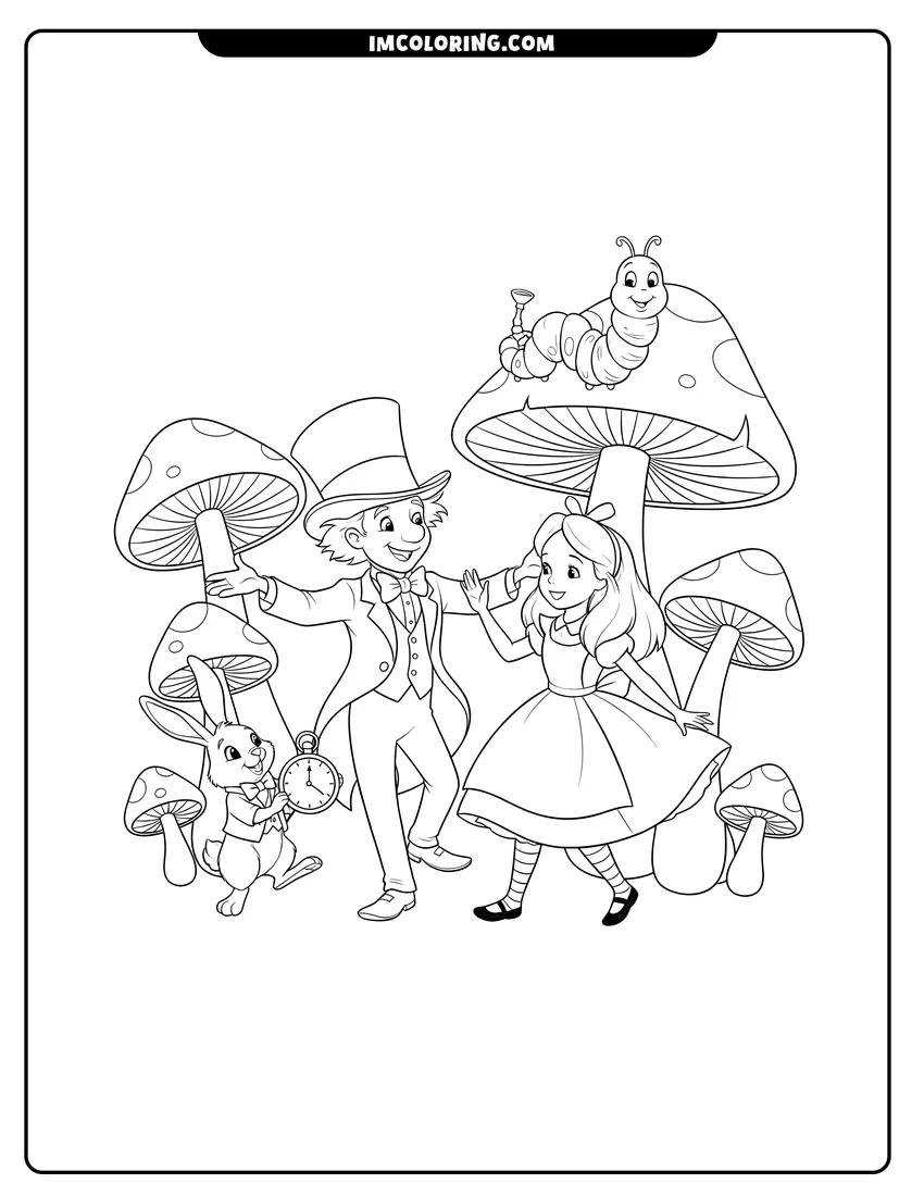 Mad Hatter and Alice dancing in a forest of mushrooms coloring page for preschoolers
