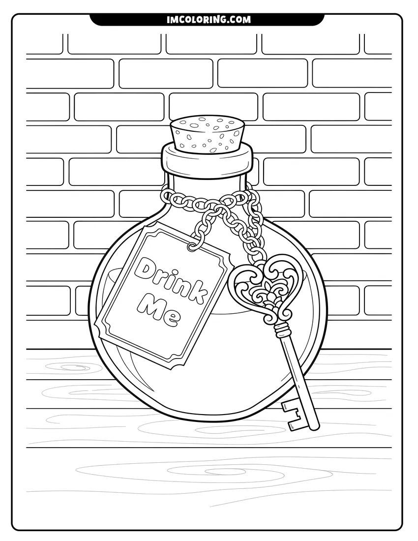Free printable coloring sheet of Potion bottle with label and ornate heart-shaped key