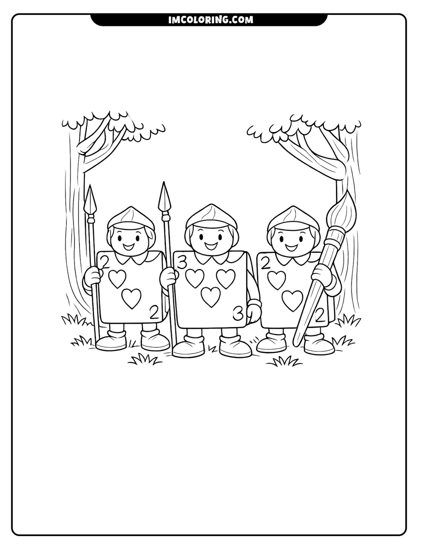 Black and white Playing card soldiers standing in a grassy clearing coloring sheet