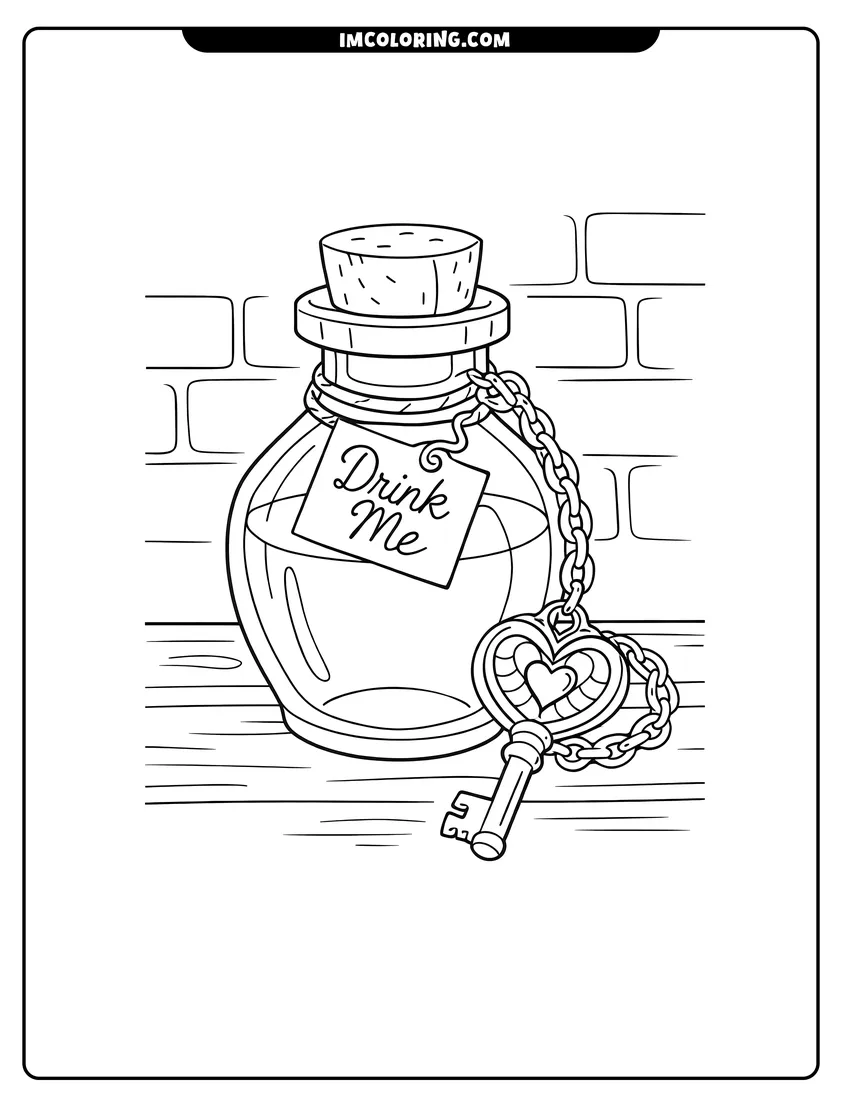 Potion bottle with a Drink Me label and key drawing meant for coloring