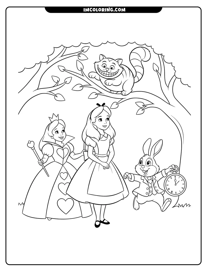Outline of Alice surrounded by the Cheshire Cat and White Rabbit on a white background