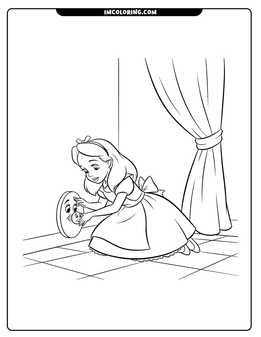 Detailed Alice kneeling by a tiny secret door in Wonderland design for coloring