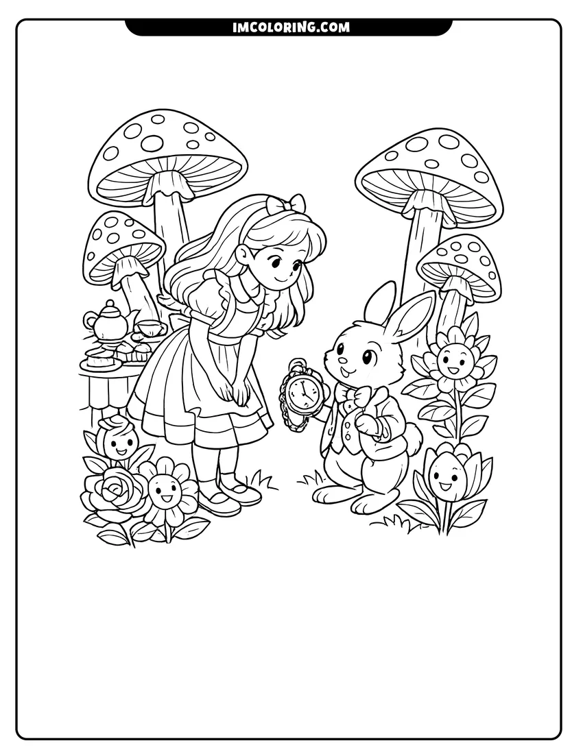 Scene showing Alice meeting the White Rabbit in a whimsical forest to color