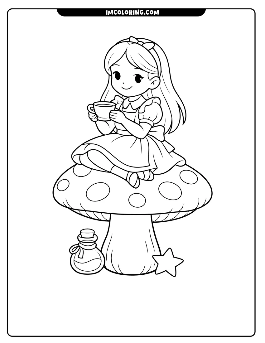 Cute Alice sitting on a giant mushroom with tea outline for coloring