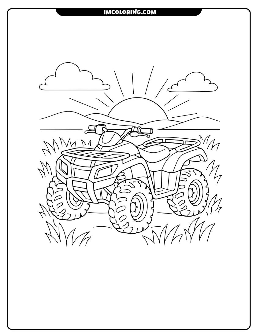 Black and white Atv in a field of grass at sunset coloring sheet