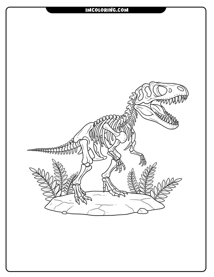 High quality printable Allosaurus skeleton in a stalking pose on rocky ground for coloring