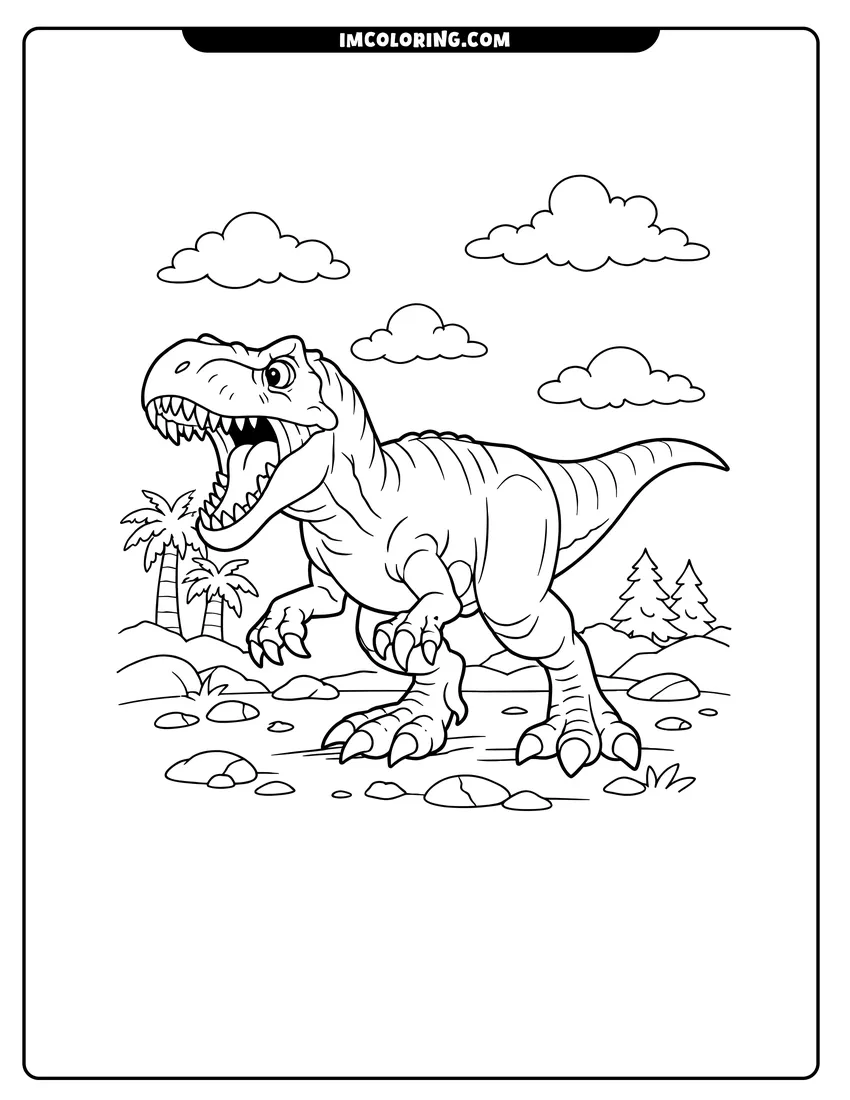 Printable Allosaurus walking with sharp teeth and claws coloring activity