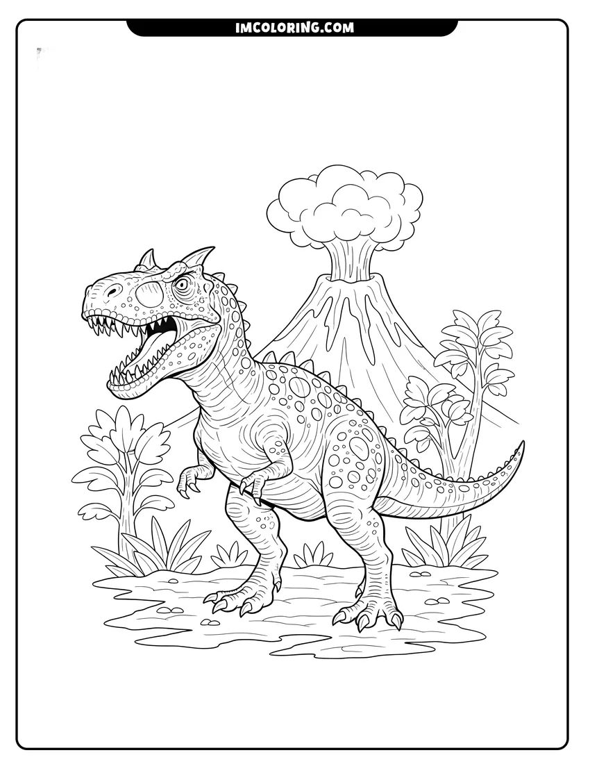 PDF style coloring page: Allosaurus with sharp teeth standing near a smoking volcano