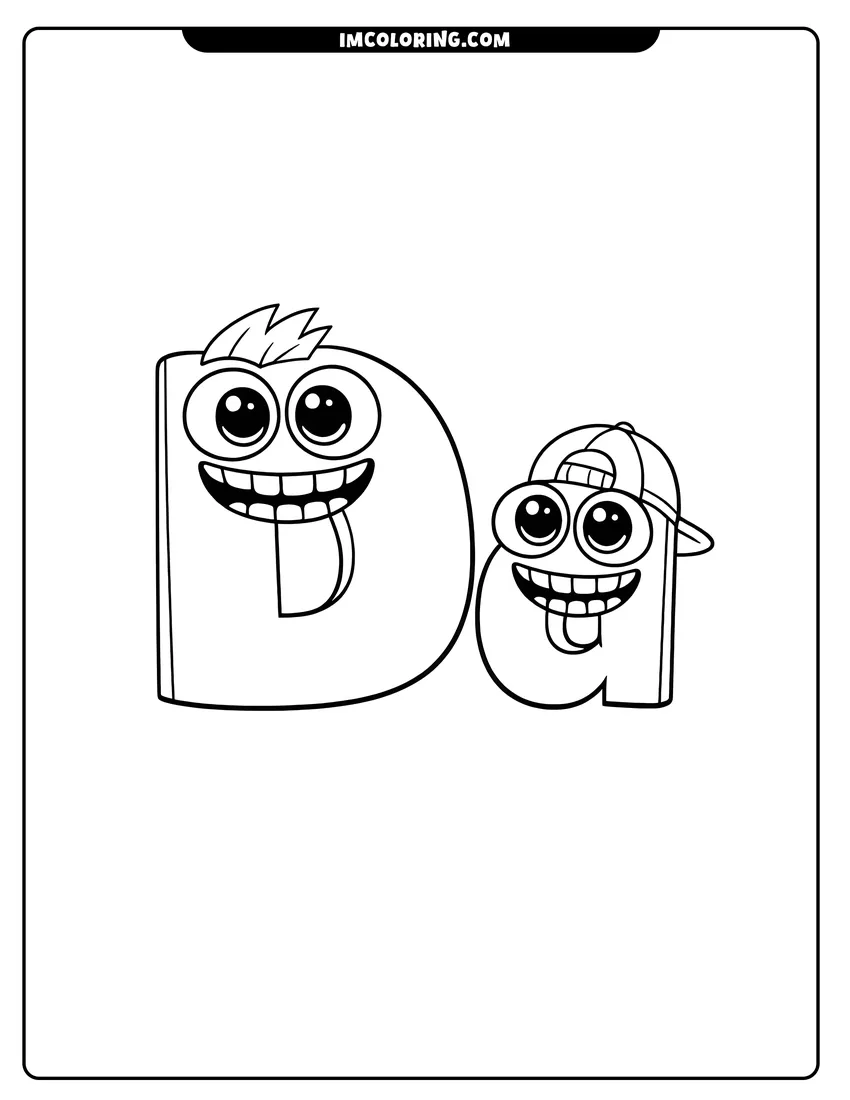 Black and white Alphabet Lore letter D and d with smiles coloring sheet