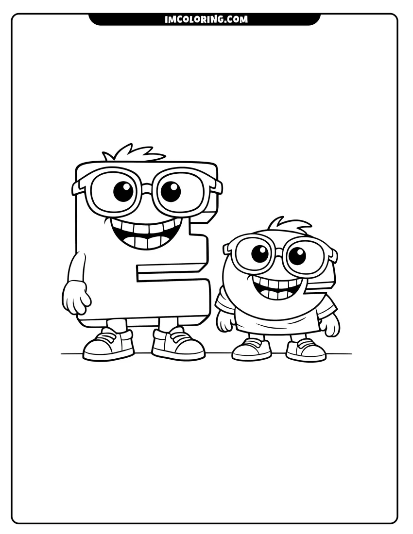 Kawaii style Alphabet Lore letter E with glasses and grins coloring picture