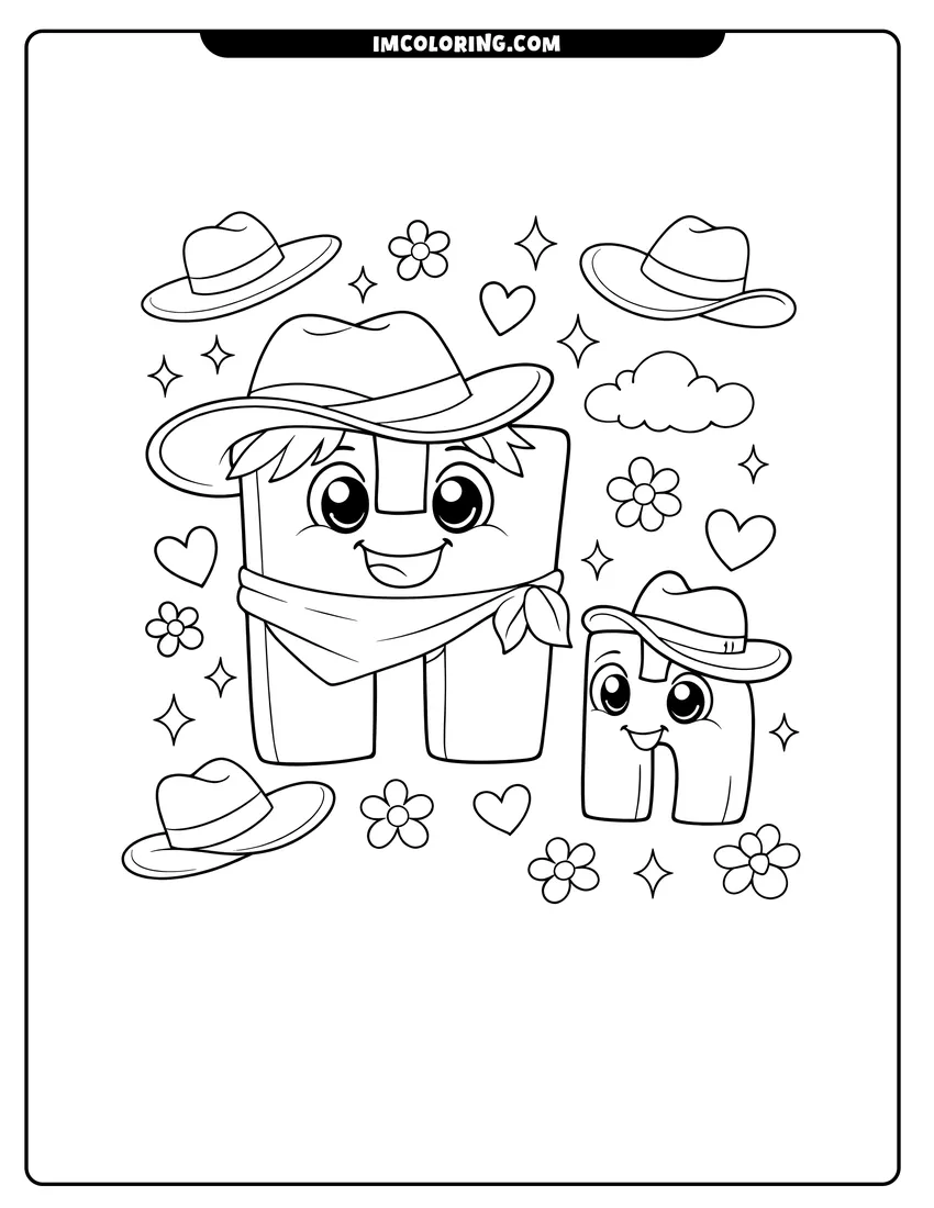 Easy-to-color Alphabet Lore letter H with hats and clouds illustration