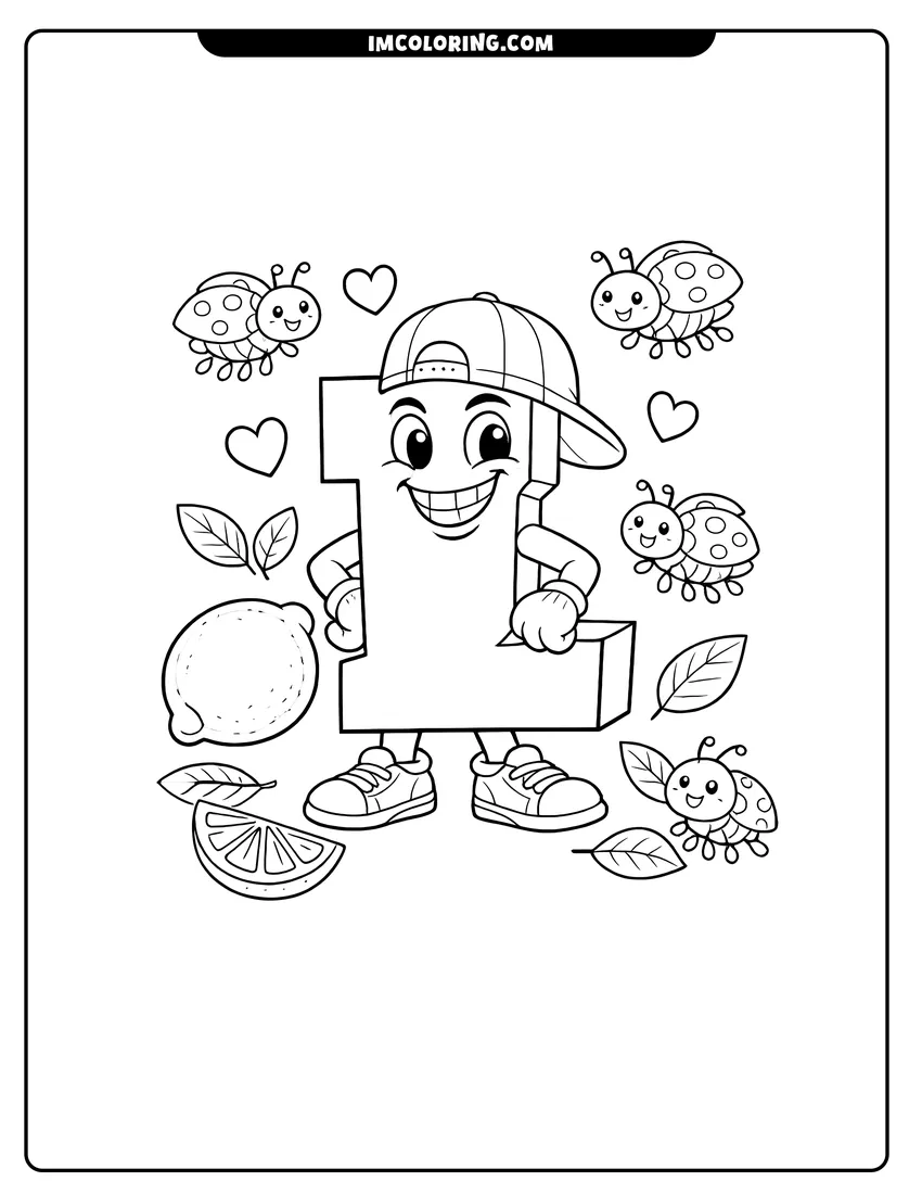 Printable Alphabet Lore letter L with ladybugs and lemon coloring activity