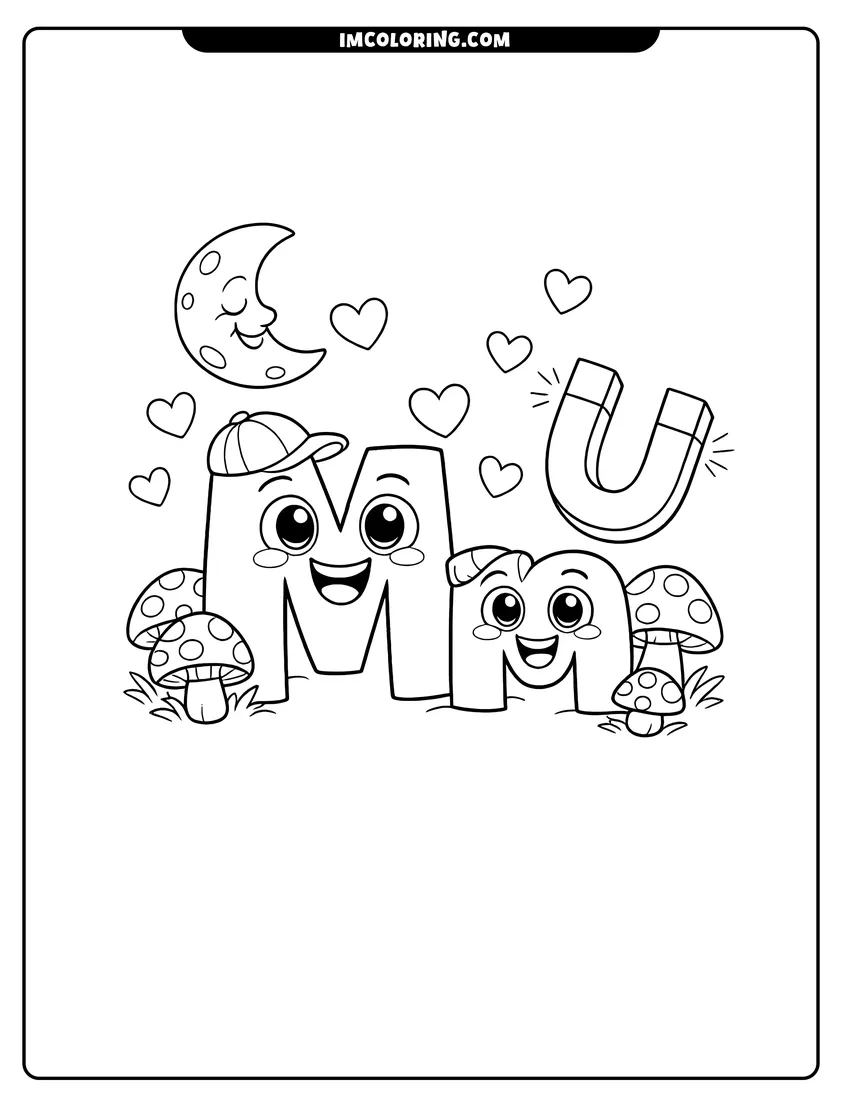 Coloring sheet of Alphabet Lore letter M with moon and magnet for kids
