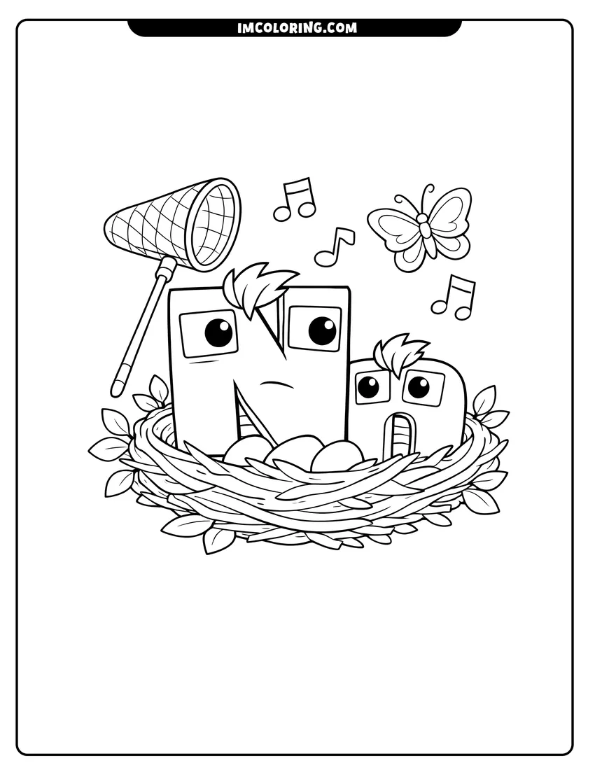 Simple sketch of Alphabet Lore letter N with nest and net for children