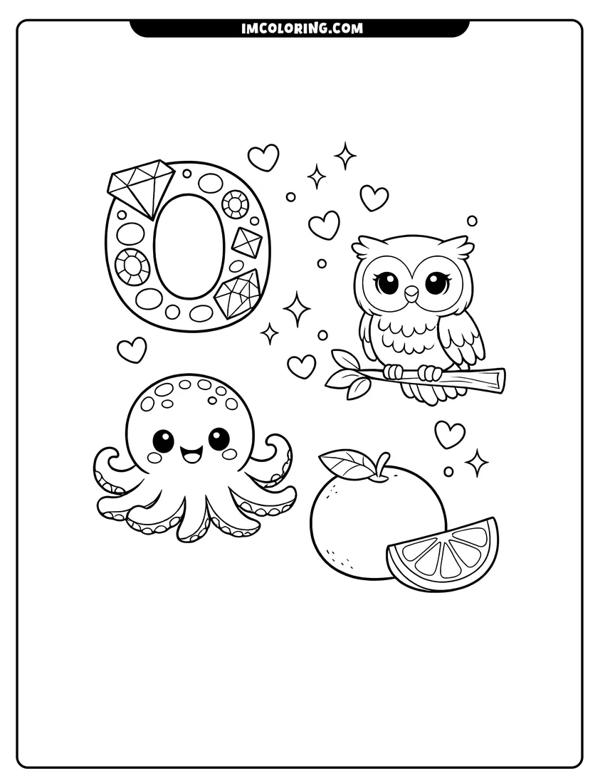 Outline of Alphabet Lore letter O with octopus and owl on a white background