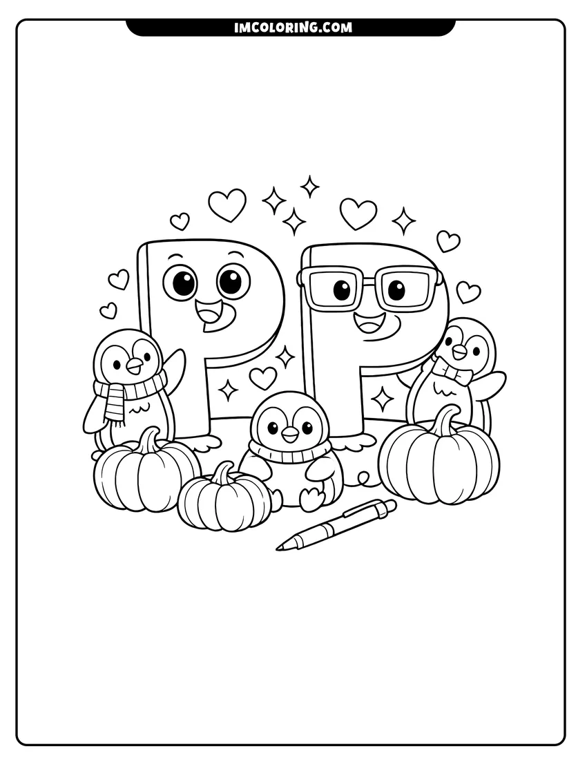 Simple sketch of Alphabet Lore letter P with penguins and pumpkins for children