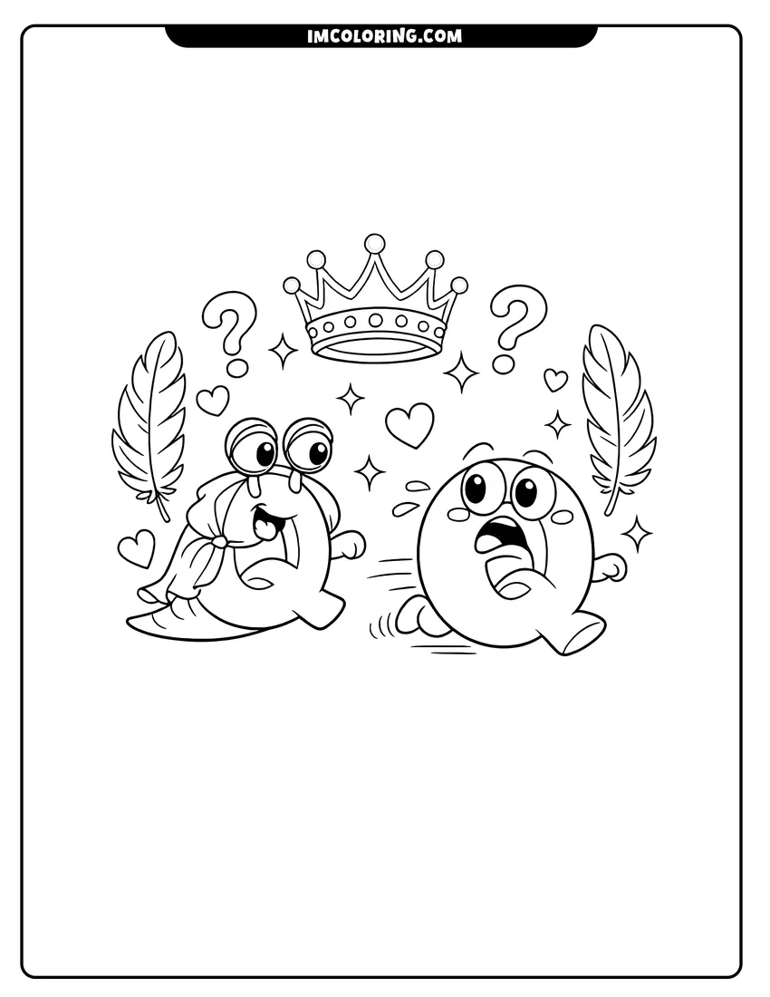 Printable outline of Alphabet Lore letter Q snail with a crown