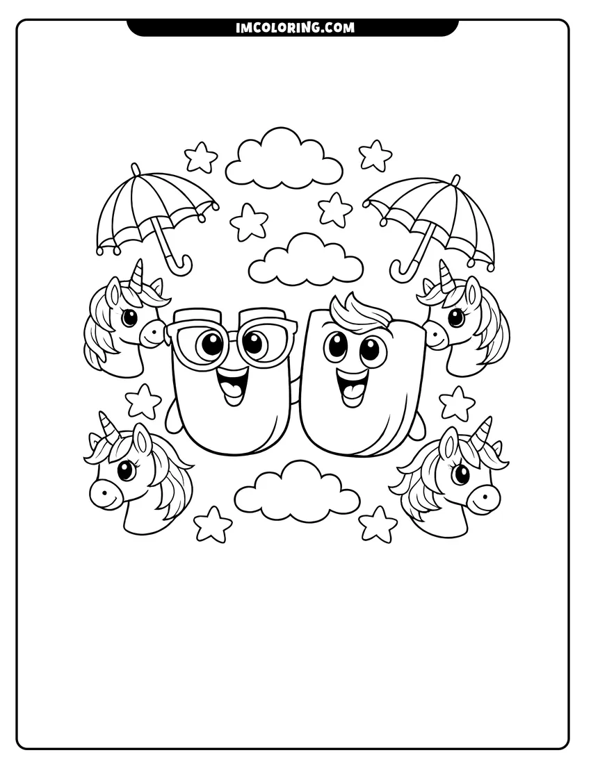 Alphabet Lore letter U with unicorns and umbrellas drawing meant for coloring