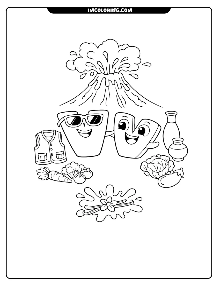 Easy-to-color Alphabet Lore letter V with volcano and vegetables illustration