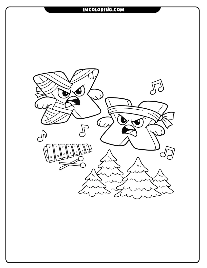 Line art depicting Alphabet Lore letter X with xylophone and trees
