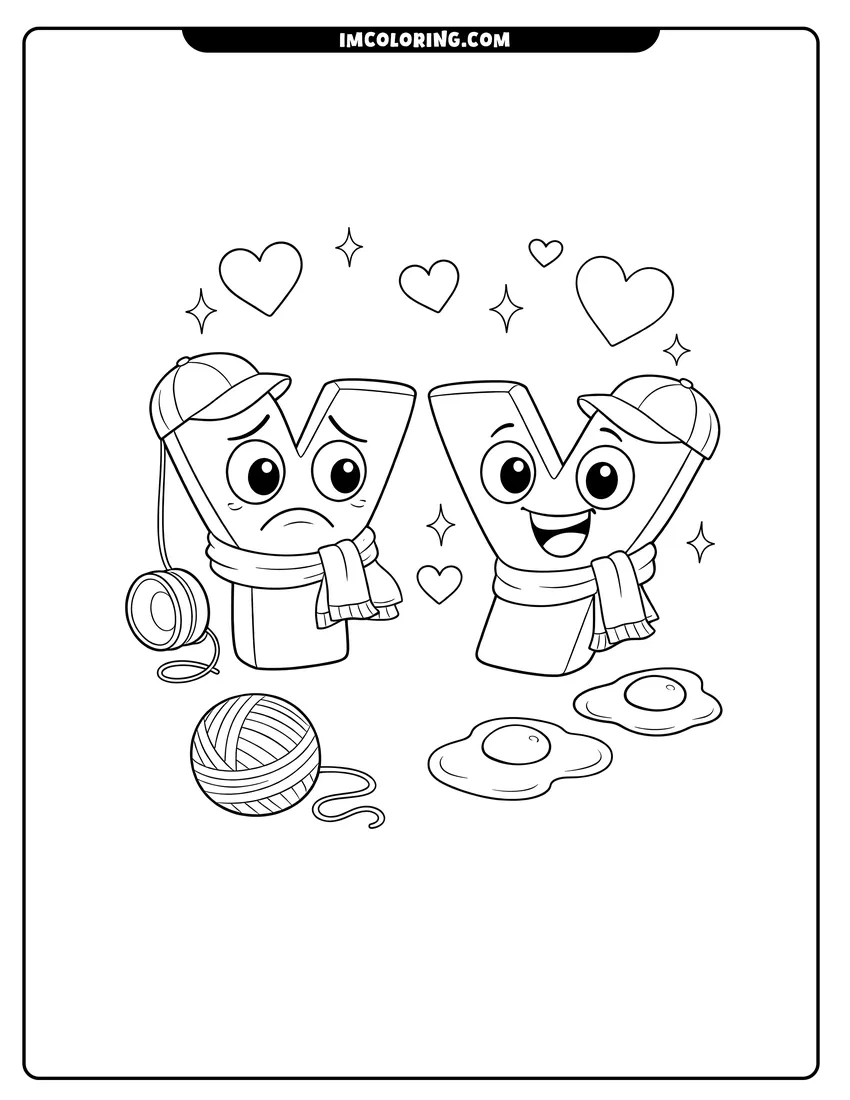 Alphabet Lore letter Y with yo-yo and yarn coloring page for preschoolers