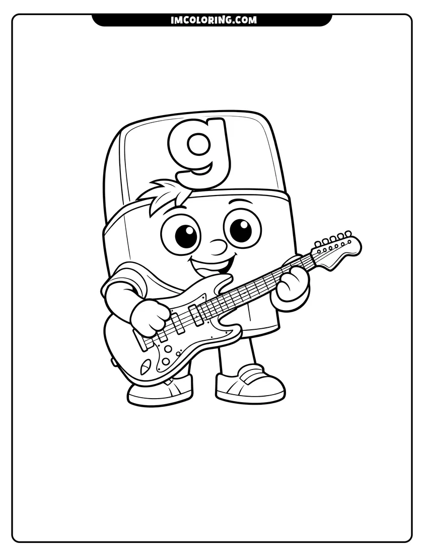 Line art depicting Alphablock G character holding an electric guitar