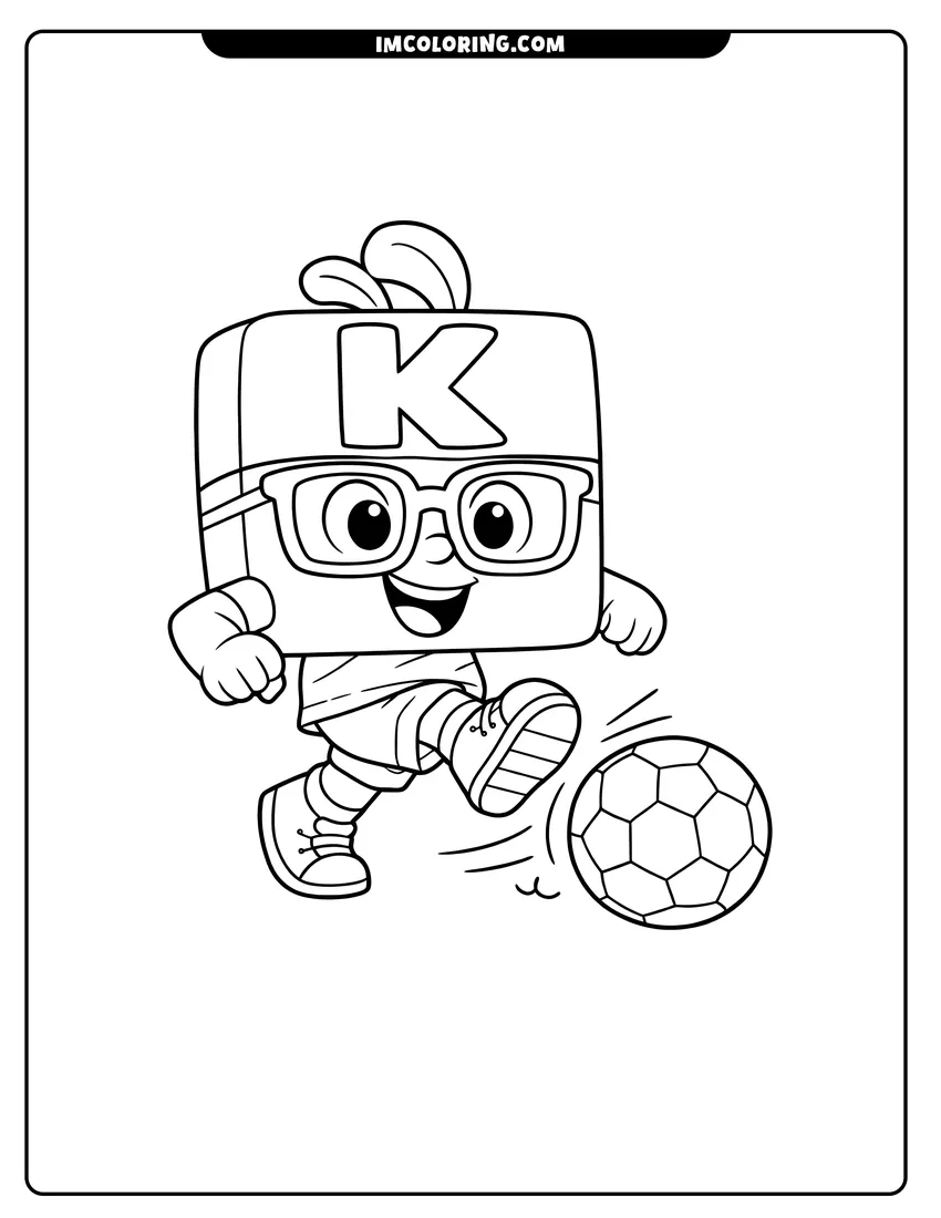 Black and white Alphablock K wearing glasses and kicking a soccer ball coloring sheet