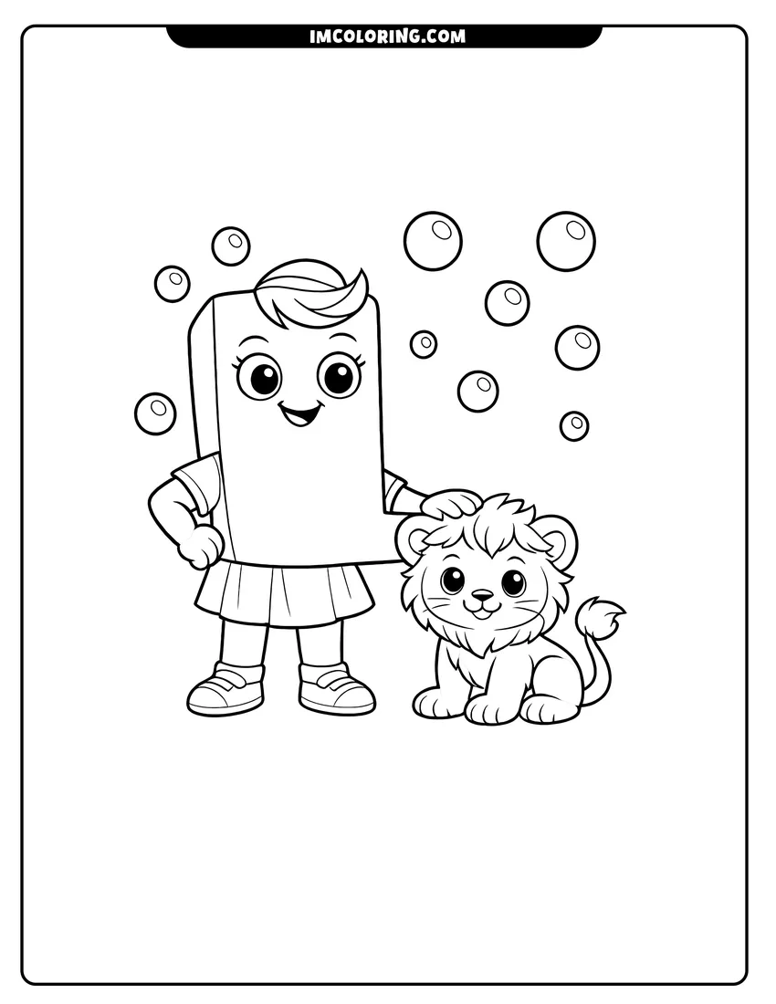 Scene showing Alphablock L standing with a small lion cub to color