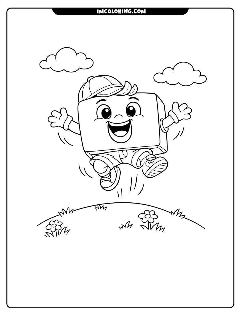 Easy-to-color Alphablock O bouncing above a grassy hill illustration