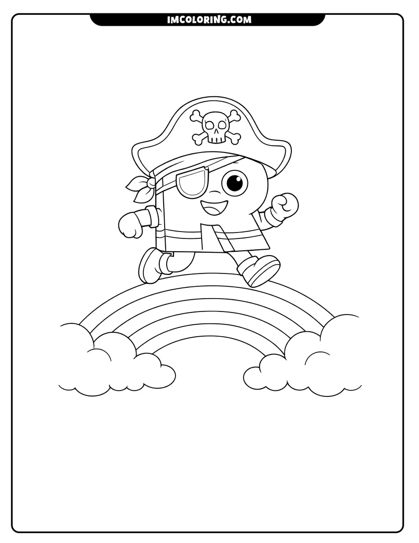 Simple line drawing of Alphablock R wearing a pirate hat on a rainbow